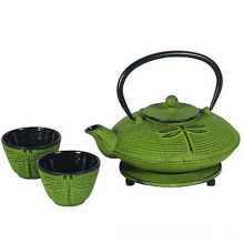 Japanese Style Green Cast Iron Teapot With Cups and Trivet